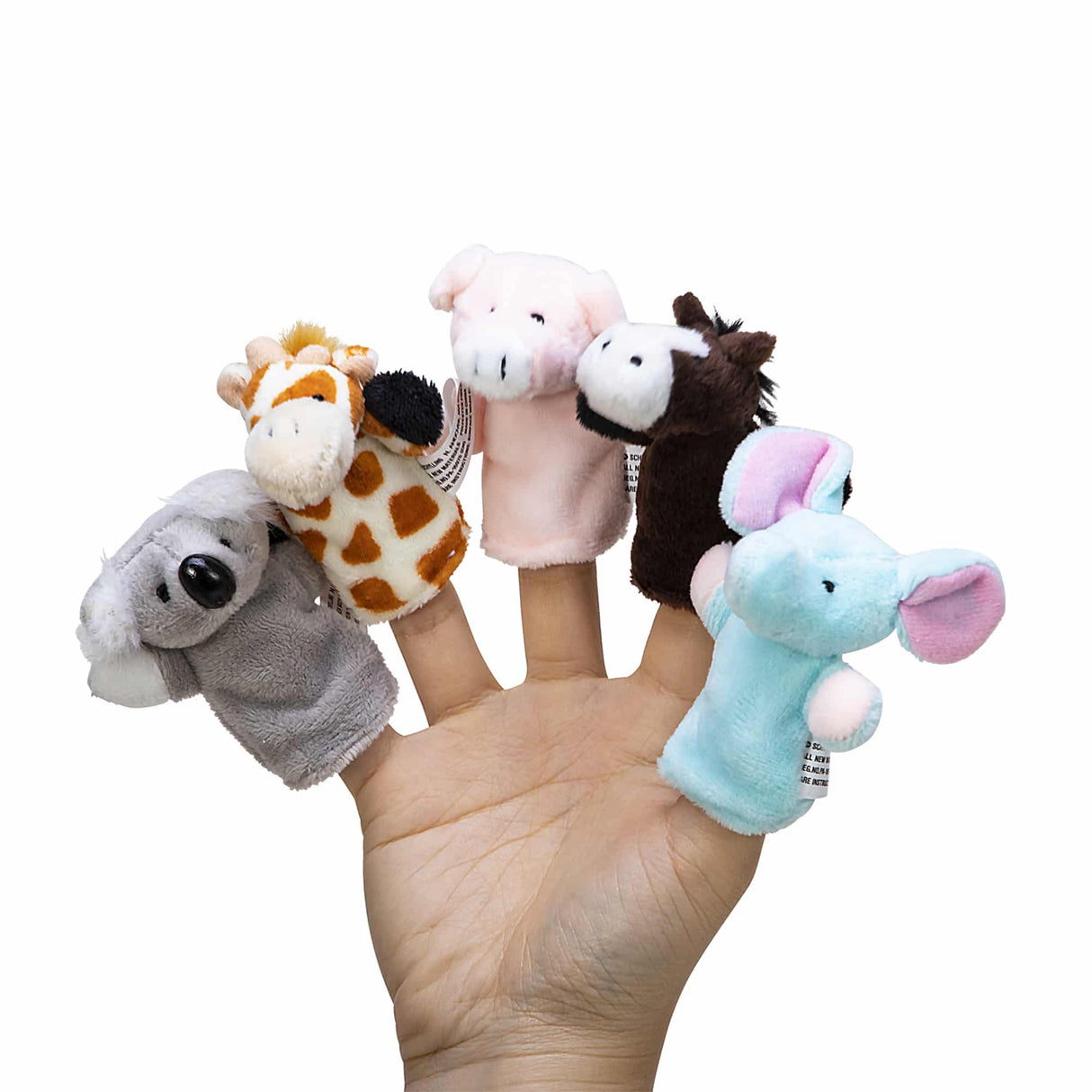 Animal Finger Puppet set featuring soft plush koala, giraffe, pig, horse, and mouse puppets on fingers.