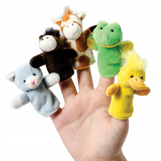 Animal Finger Puppet set featuring soft plush cat, horse, giraffe, frog, and duck finger puppets on a hand.