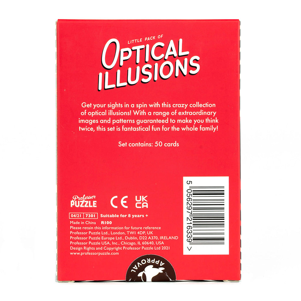 Red box packaging showing back of Optical Illusions card set with product details and barcode.