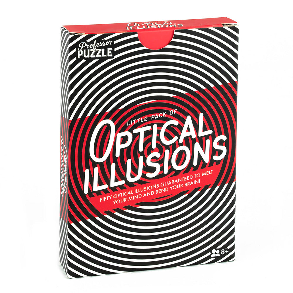 Optical Illusions product packaging with swirling black and white patterns and red accents for mind-bending fun ages 8 and up.