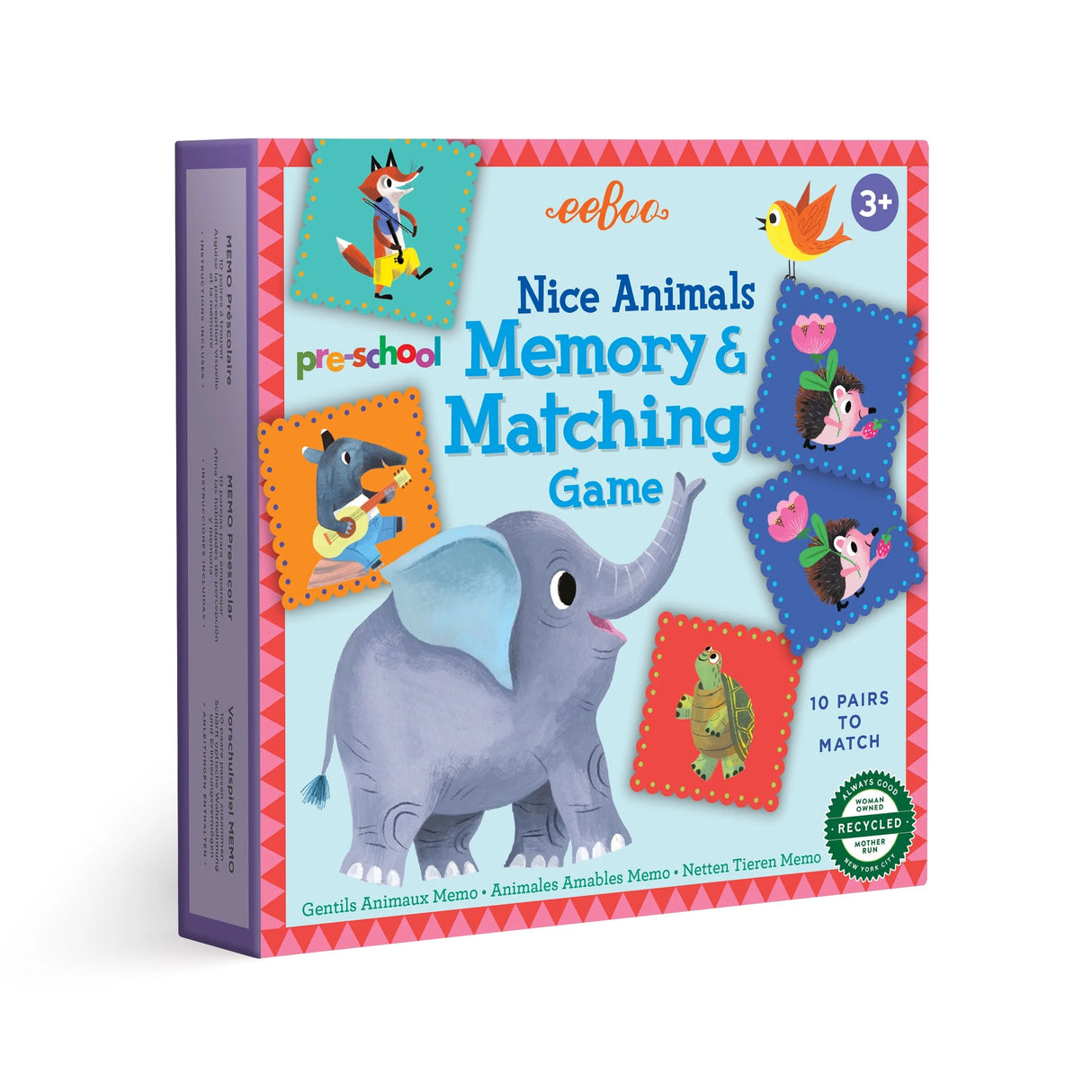 Nice Animals Memory & Matching game box featuring illustrated animal pairs including an elephant, fox, squirrel, and frog.