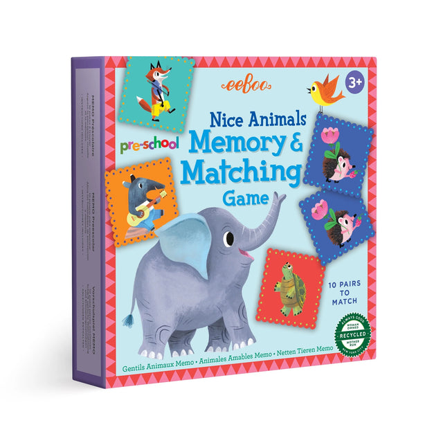 Nice Animals Memory & Matching game box featuring illustrated animal pairs including an elephant, fox, squirrel, and frog.