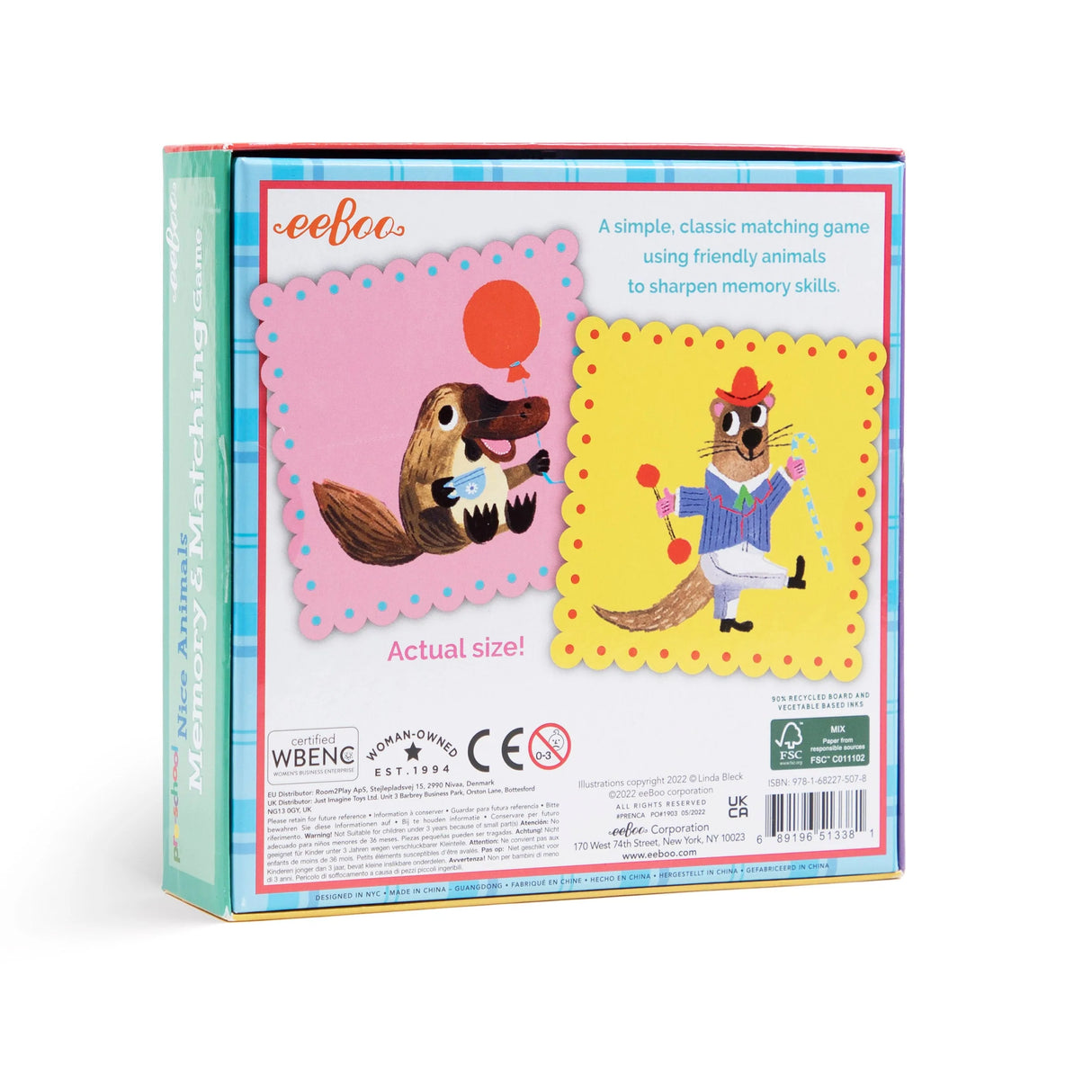Nice Animals Memory & Matching game box showing illustrated animal pairs on thick glossy cardboard tiles.