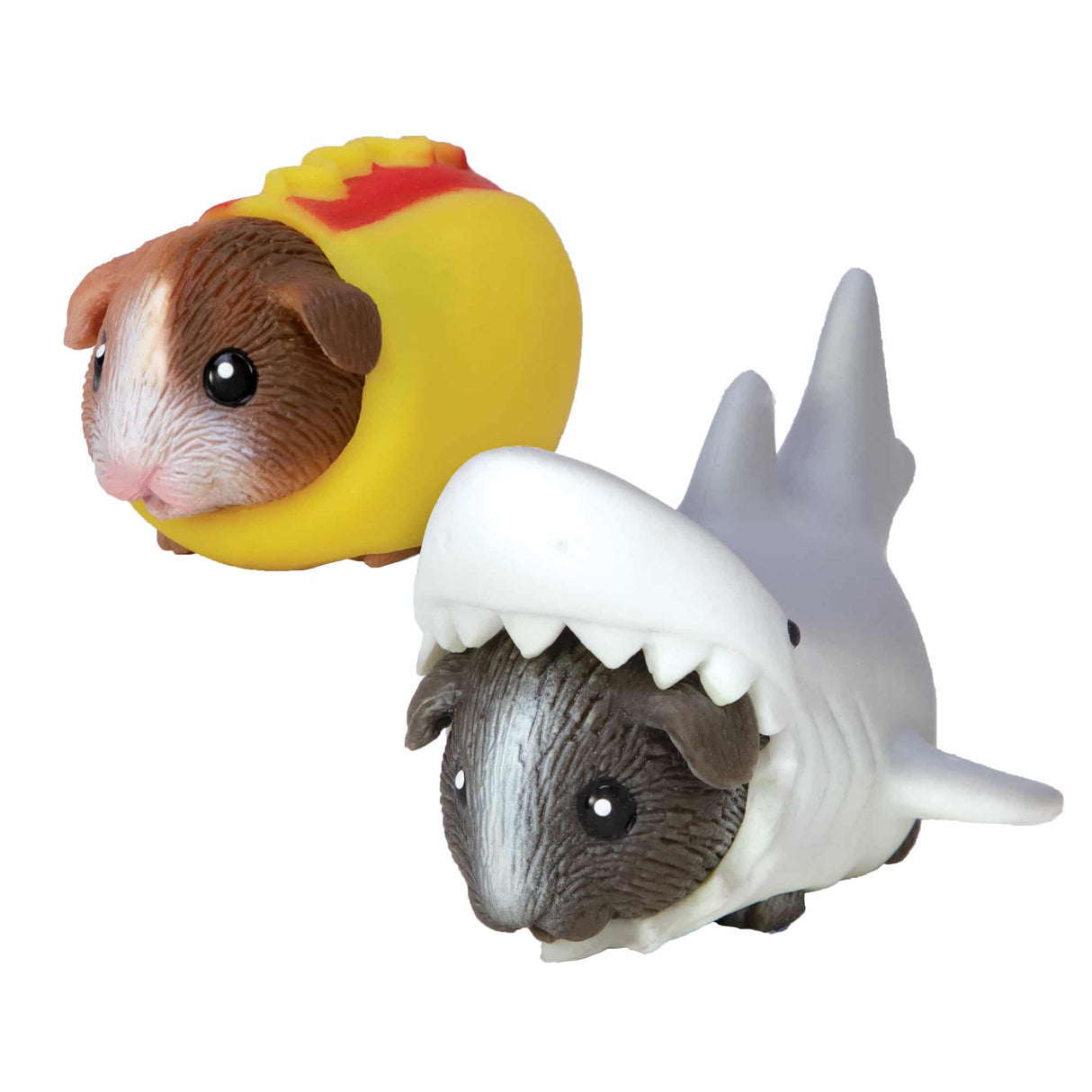 Guinea Pig Party Animal toys dressed in cute, squishable shark and duck party costumes for playful fun.