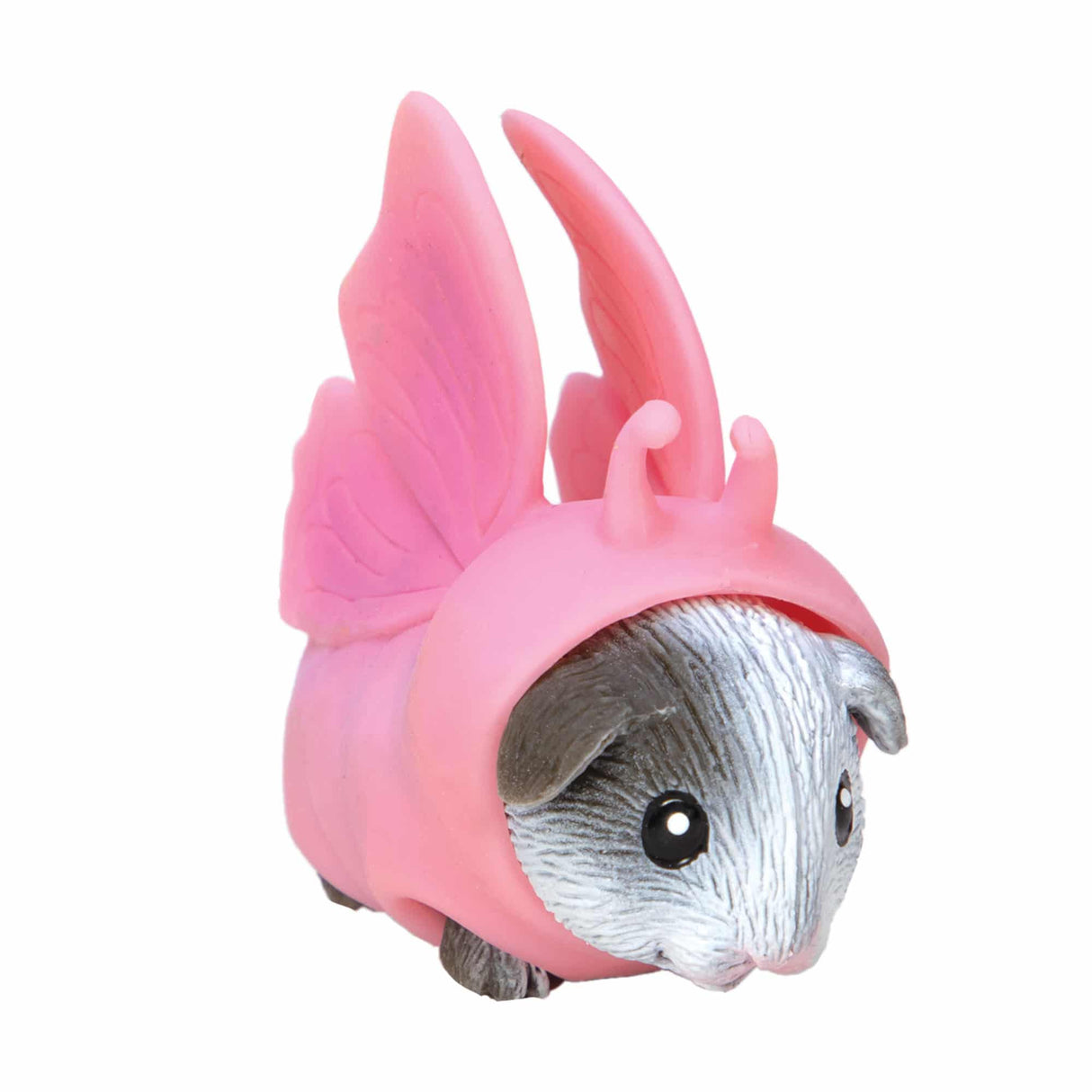 Guinea Pig Party Animal featuring a gray and white guinea pig wearing a pink butterfly costume, squishable toy figure.