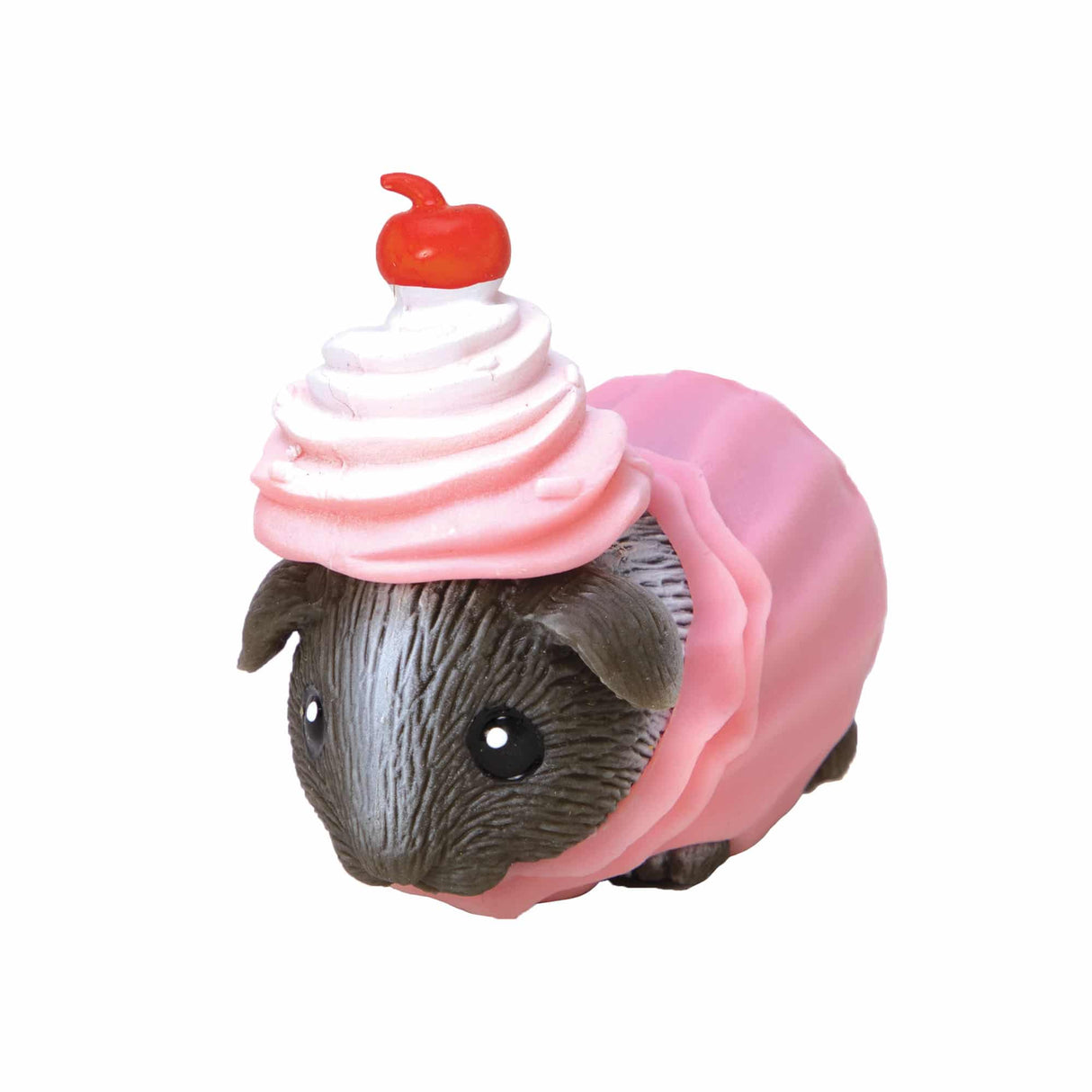 Guinea Pig Party Animal toy in a pink cupcake costume with white frosting and a cherry on top, squishable and playful.