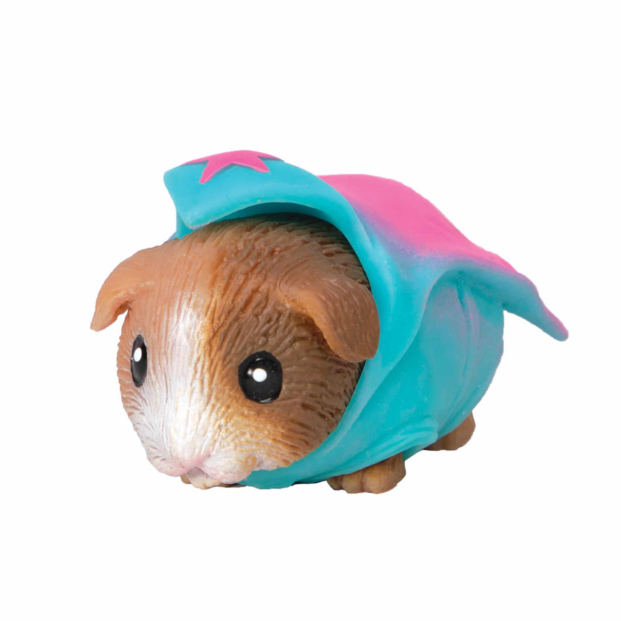 Squishy Guinea Pig Party Animal toy dressed in a blue and pink shark costume, ready for fun playtime.