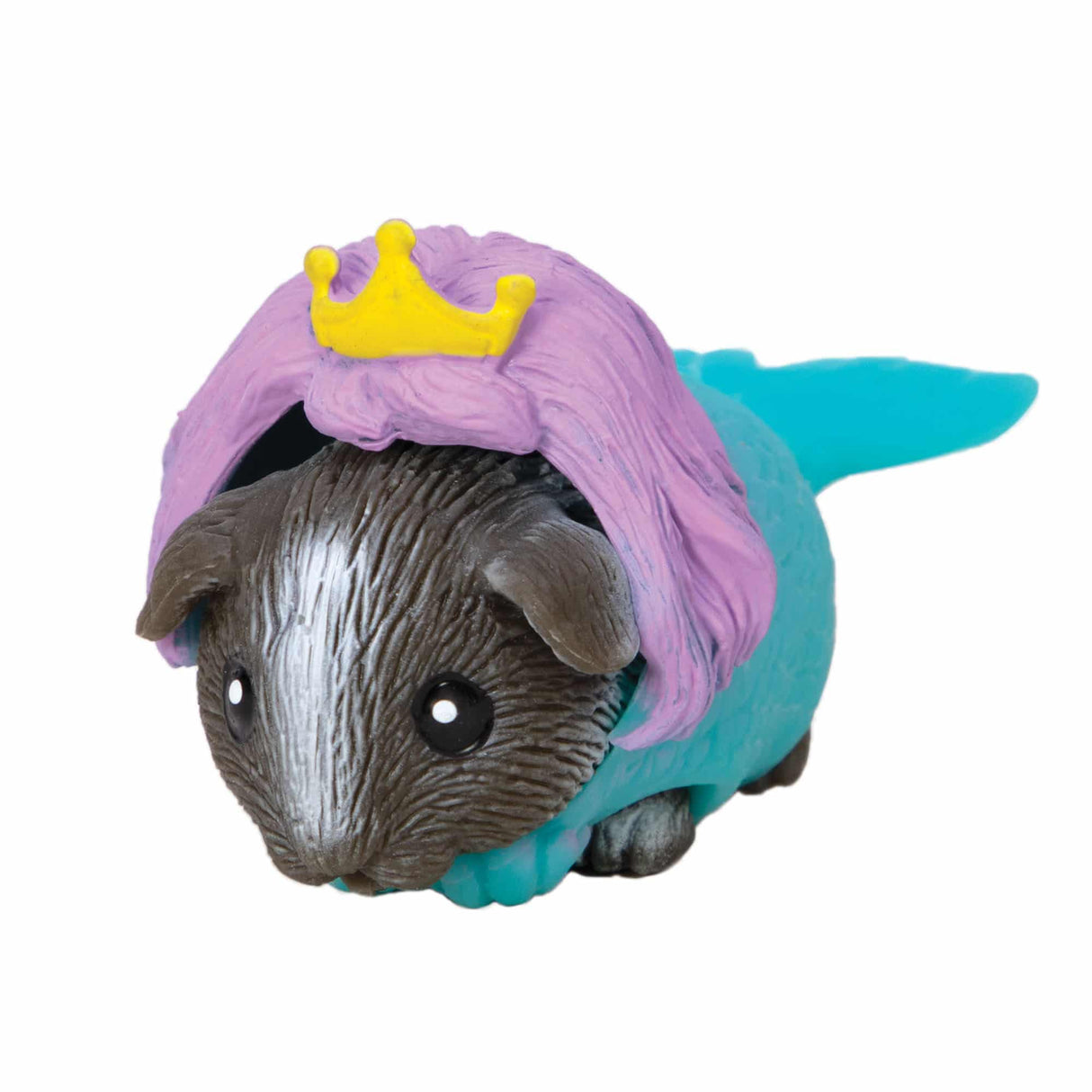Guinea Pig Party Animal toy dressed in a blue costume with purple hair and a yellow crown accessory.