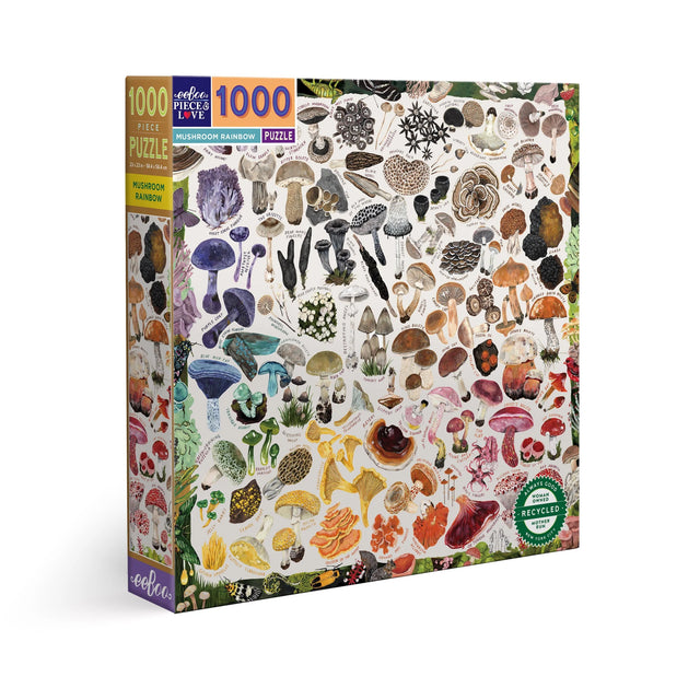 1000pc Mushroom Rainbow Puzzle featuring 1000-piece glossy jigsaw with colorful illustrated mushroom varieties by Kelsey Oseid
