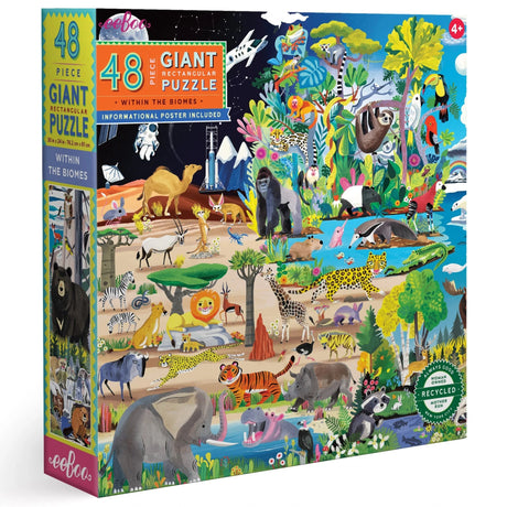 48pc Within the Biome Floor Puzzle featuring six biomes and animals, includes informational poster, eco-friendly materials.