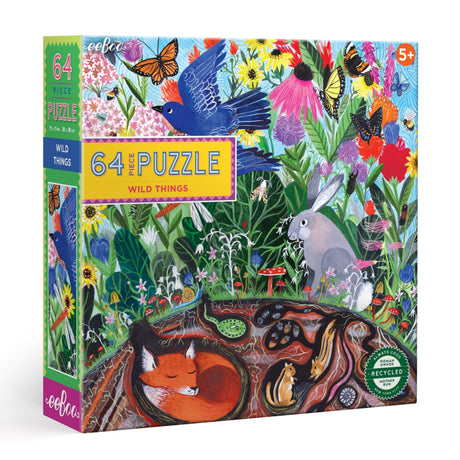64pc Wild Things Puzzle box featuring colorful garden animals and natural habitat illustration, perfect for kids ages 5 and up.