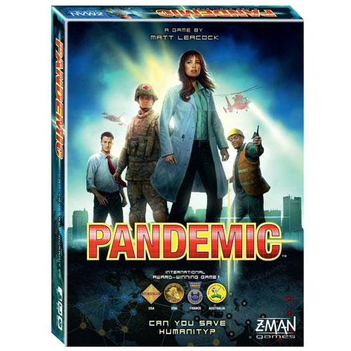 Pandemic board game box showing specialists fighting four deadly diseases to save humanity worldwide.