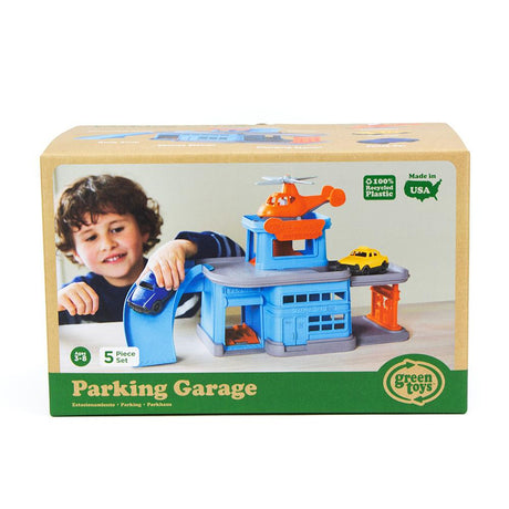 Green Toys Parking Garage playset with ramp, helipad, and vehicles made from 100% recycled plastic.
