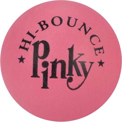 Pink ball labeled Pinky Hi-Bounce, made of solid latex rubber, perfect for fun on the go, Pinky Ball product.