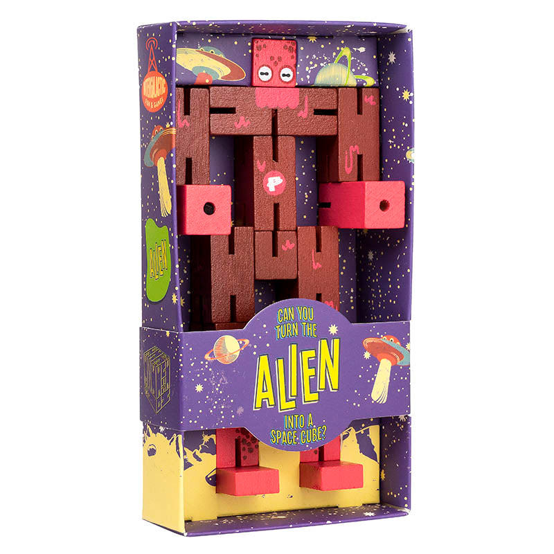 Puzzle Planet Alien wooden brainteaser puzzle in packaging, transform alien figure into a cube and back.
