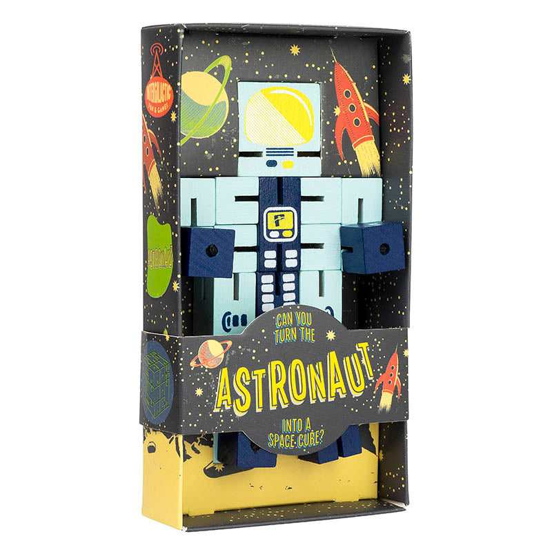 Puzzle Planet Astronaut wooden brainteaser puzzle toy in packaging with space-themed design and rocket illustrations.