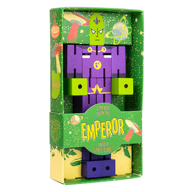 Puzzle Planet Emperor wooden brainteaser in packaging featuring a purple space emperor puzzle toy.