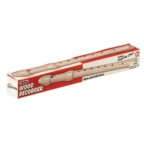 Wood Recorder in box showing solid wood design and included fingering chart for children aged 5 and up.