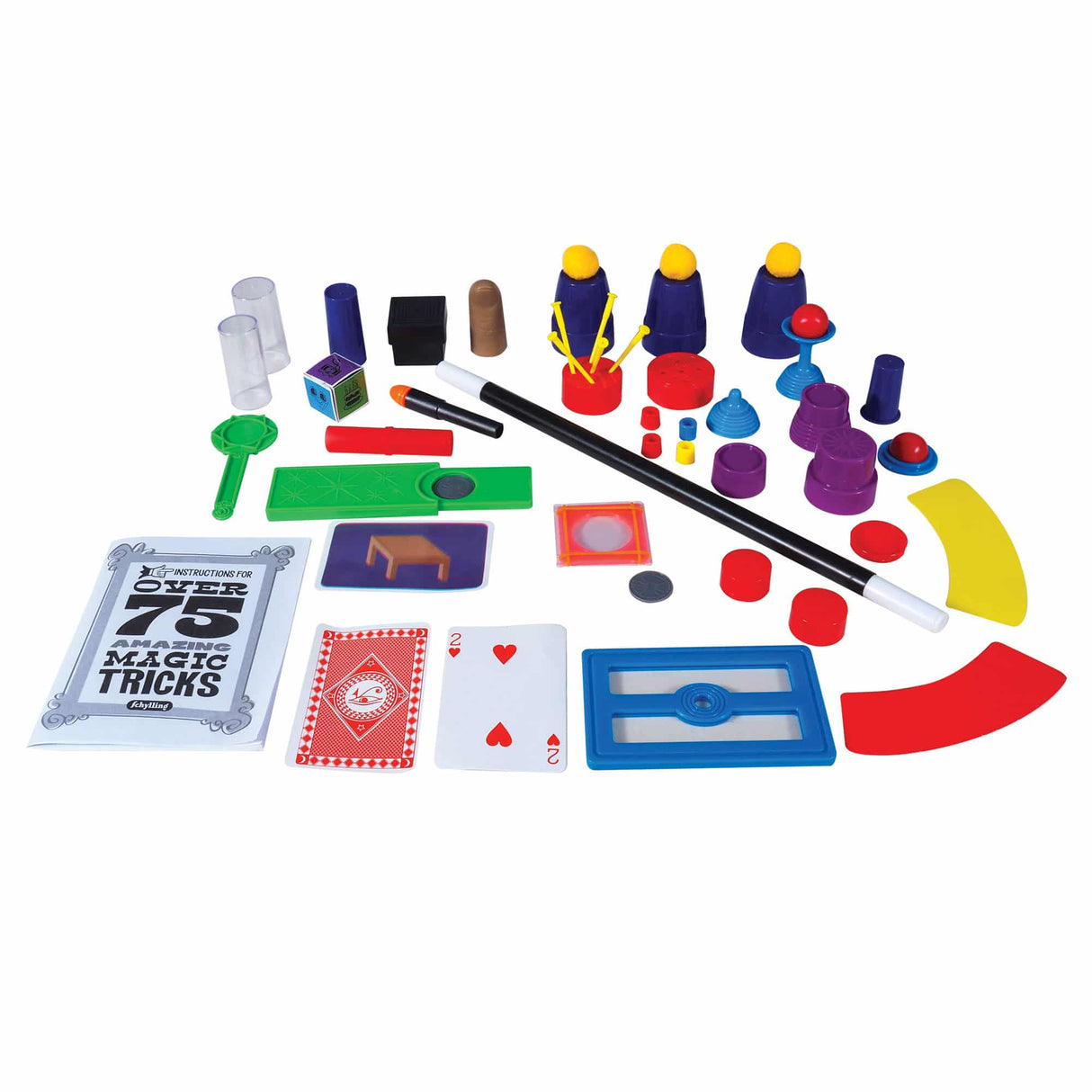 Magic Tricks Box with 75 classic illusions including cups, cards, wand, coins, and pom-poms for ages 6+ fun.