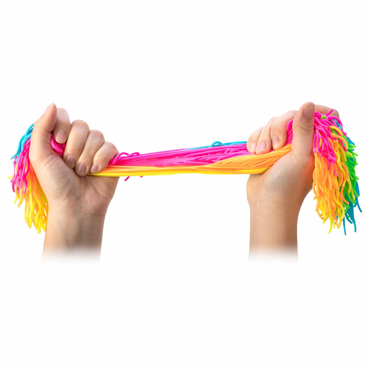 Hands stretching brightly colored Ramen Noodlies sensory noodles in fluorescent pink, yellow, blue, and green tones.
