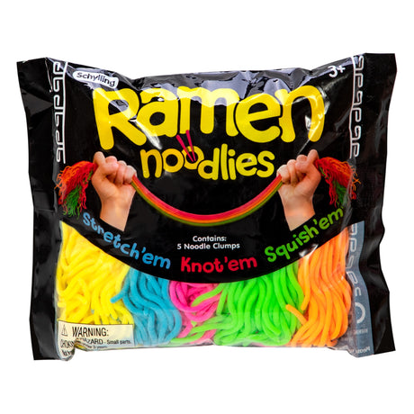 Ramen Noodlies colorful stretchy sensory noodles in five bright fluorescent colors for squeezing and playing.