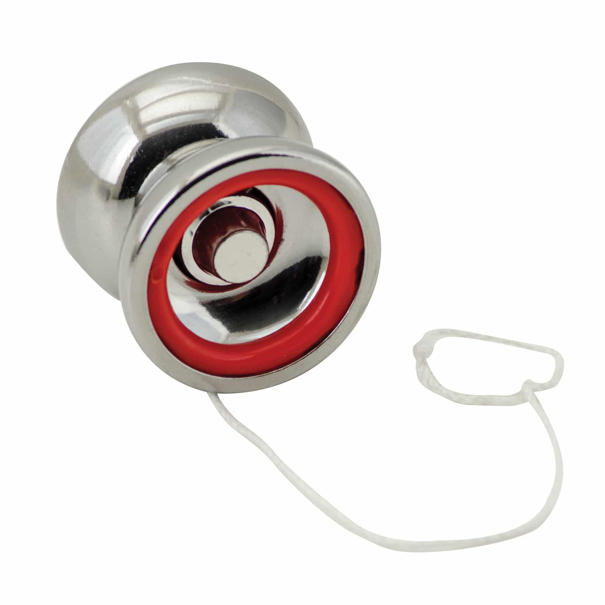 Yoyo | Retro Metal silver classic metal yoyo with red highlights and braided white string for smooth operation and tricks.