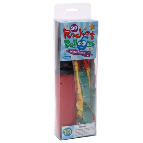 Rocket Balloons with Pump kit including 30 colorful balloons and a pump for fun indoor activity.