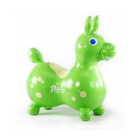 Rody | Lime Green inflatable ride-on horse for kids, made of durable soft vinyl, perfect for fun and exercise indoors or outdoors.