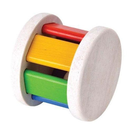 Roller Rattle wooden toy with colorful bars that create sound when rolled, safe for babies 6 months and up.