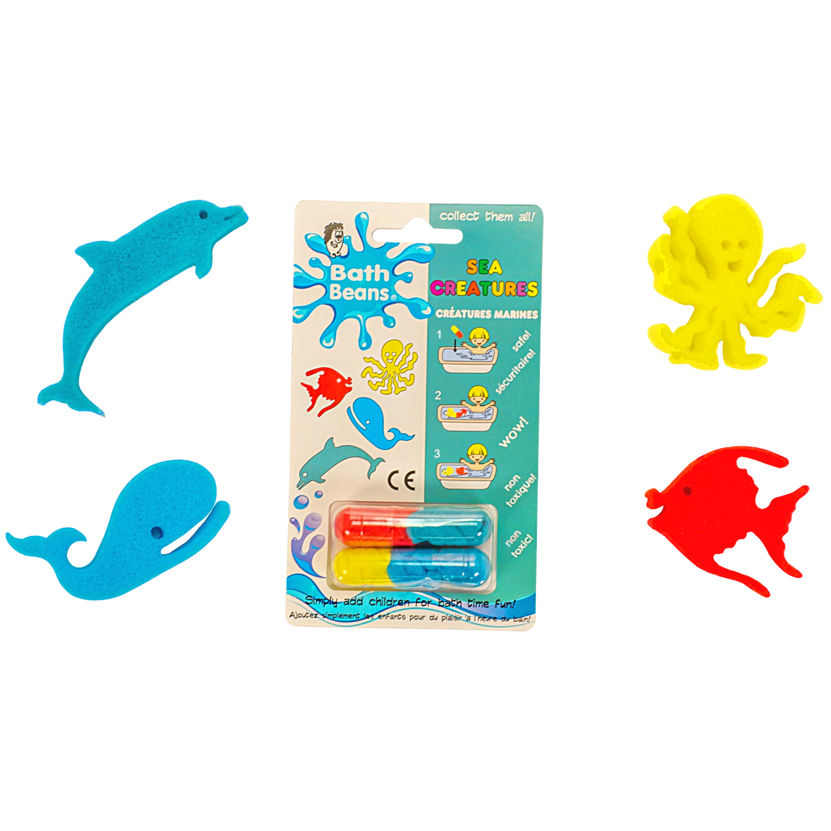 Bath Beans Sea Creatures showing colorful sponge toys released from dissolvable capsules for safe bath play.