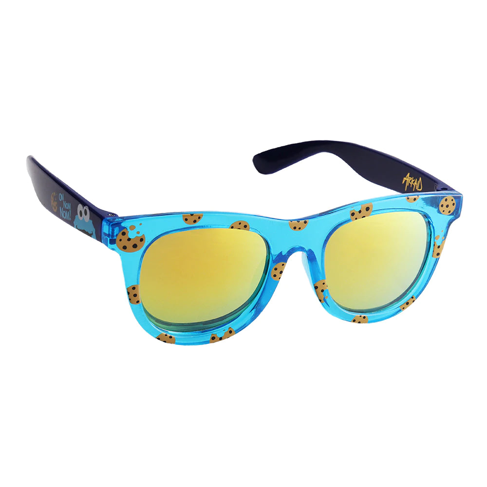 Arkaid Cookie Monster Sunglasses with blue cookie-patterned frames and yellow UV400 protective lenses for kids.