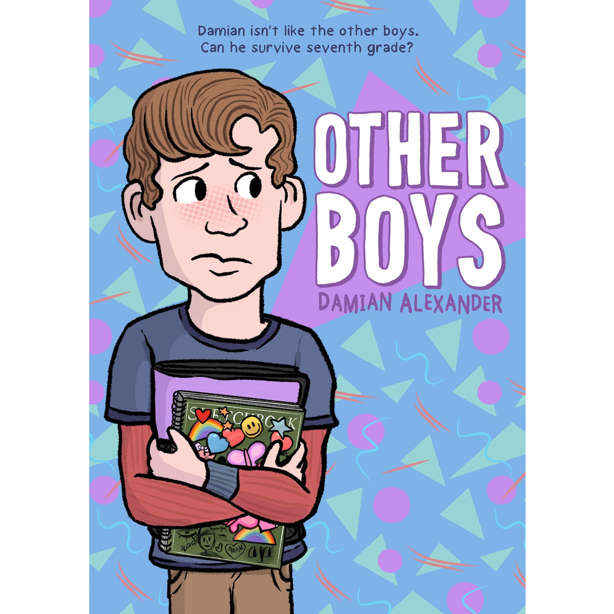 Illustration of a boy holding a decorated notebook on the cover of the book Other Boys by Damian Alexander.
