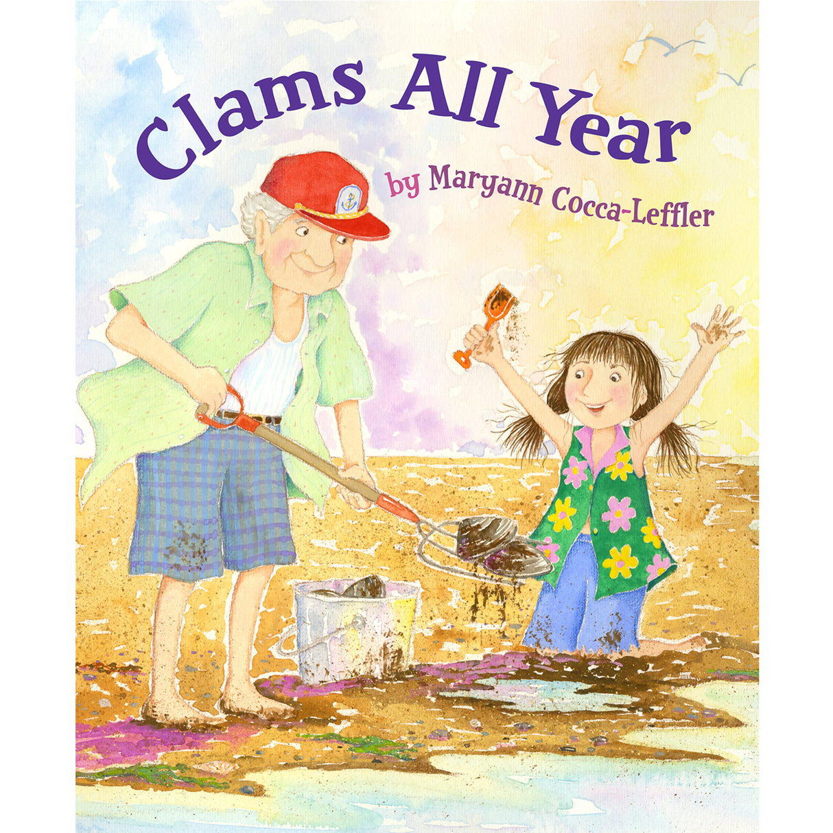 Clams All Year book cover showing a joyful girl and older man clam digging on the beach at sunrise.