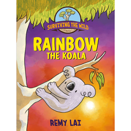 Surviving the Wild: Rainbow the Koala book cover shows a koala clinging to a tree branch at sunset.