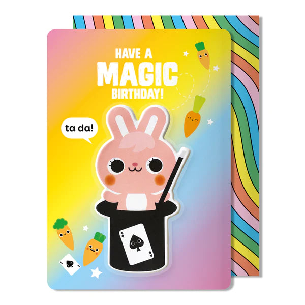 Rabbit Puffy Sticker Card featuring a cute rabbit magician with removable puffy sticker and colorful birthday design.
