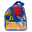 Bowling set with six flat bottom pins and foam ball packed in clear zippered bag for easy indoor or outdoor play.