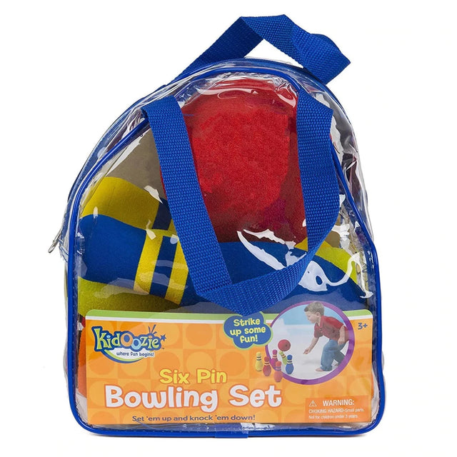 Bowling set with six flat bottom pins and foam ball packed in clear zippered bag for easy indoor or outdoor play.