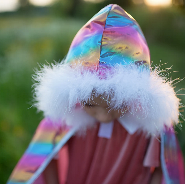Rainbow Princess Cape with shimmery rainbow colors and fluffy white feather trim around the hood for kids ages 3 and up.