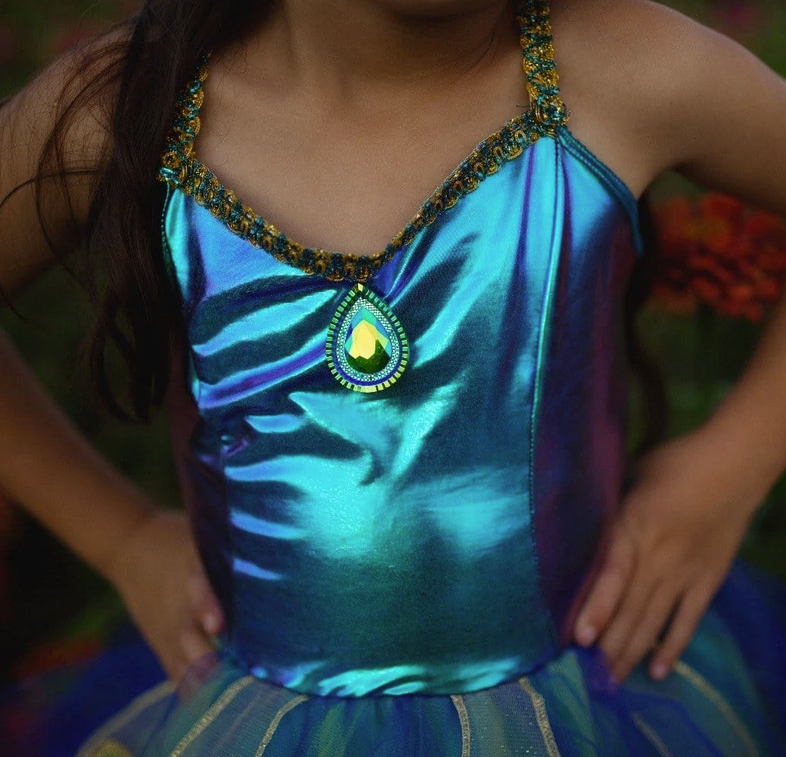 Pretty Peacock Dress & Headband in shimmering blue and purple hues with gem embellishment and tulle skirt layers.