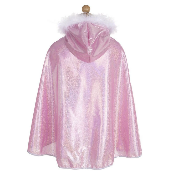 Glitter Princess Cape in shimmering pink with a hood trimmed in white marabou and a shiny satin finish.