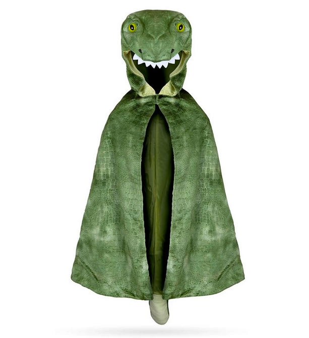 T-Rex Hooded Dinosaur Cape with textured velour, 3D eyes, stuffed hood details, big felt teeth, and trailing tail, size 4-5.