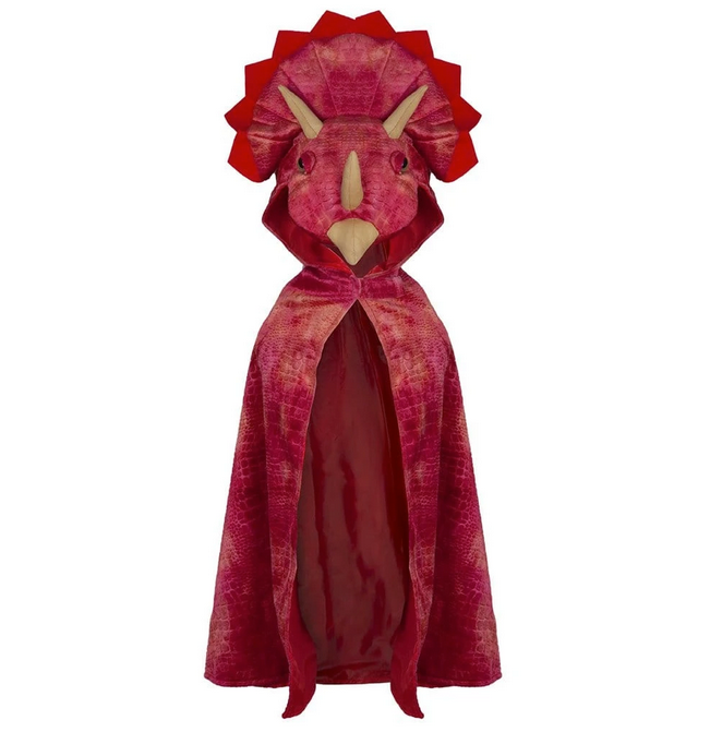 Triceratops Hooded Dinosaur Cape in red velour with 3D horns, realistic eyes, lined hood, and Velcro closure for kids.