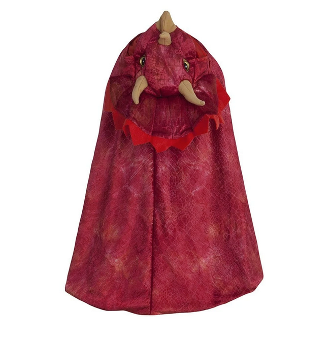 Triceratops Hooded Dinosaur Cape in deep red with 3D horns, textured velour, and realistic eyes for kids ages 3 and up.