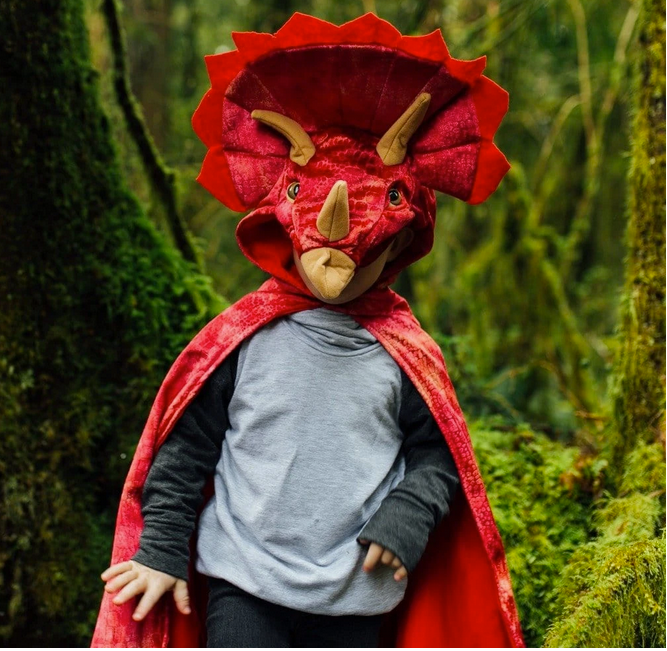 Child wearing Triceratops Hooded Dinosaur Cape with textured velour, 3D horns, and a lined hood in a forest setting.