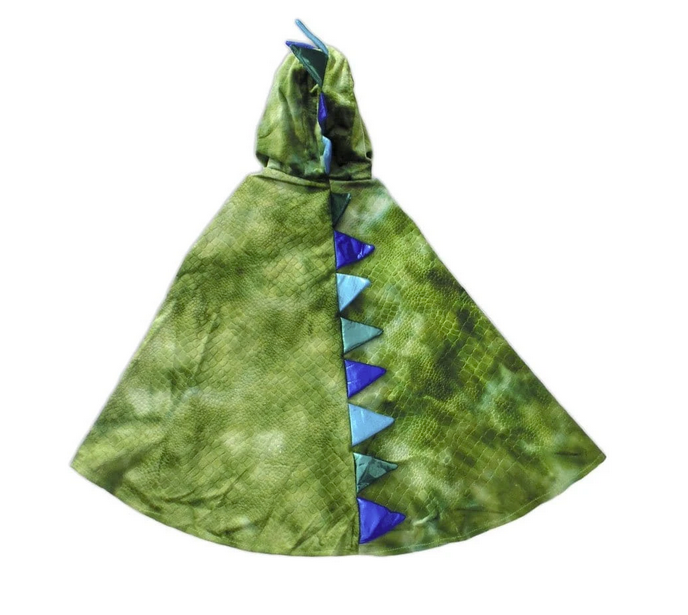 Dragon Cape with Claws in green crushed velvet with textured scales, blue spikes, and an easy Velcro neck closure.