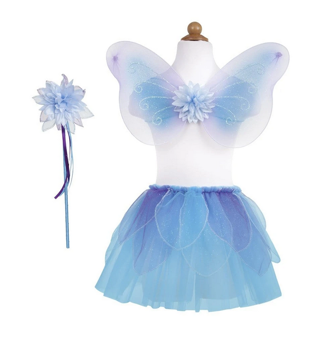 Fancy Flutter Skirt Set | Blue with glitter petals, iridescent wings, and matching flower wand for fairy dress-up.