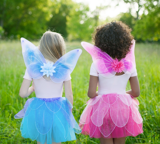 Two children wearing the Fancy Flutter Skirt Set | Blue and a pink version with wings and skirts in a grassy field.