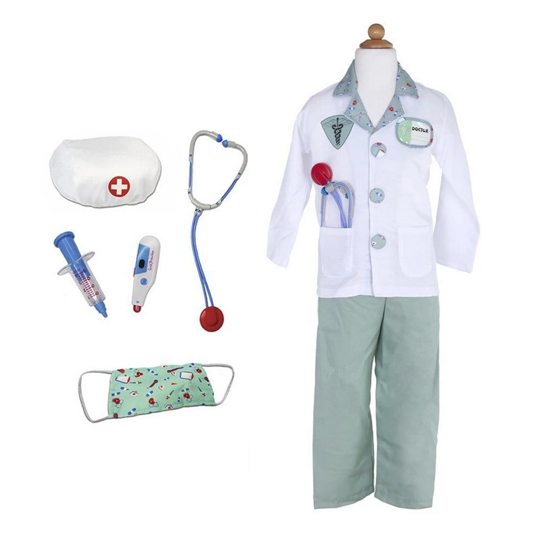 Doctor Set featuring white coat, green pants, mask, hat, stethoscope, syringe, thermometer, and name tag for pretend play.