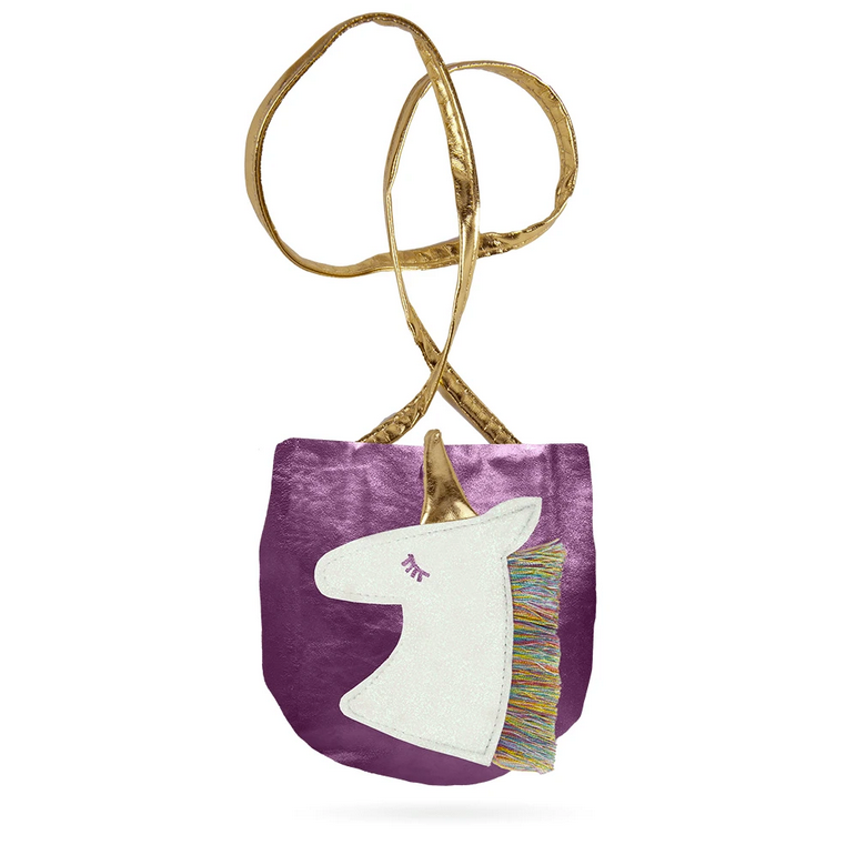 Fancy Unicorn Purse with purple body, golden horn, multicolored fringe mane, and shiny golden shoulder strap.