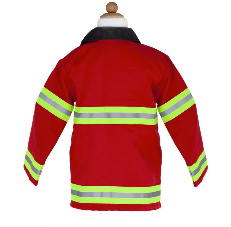 Firefighter Set red coat with reflective tape for kids, part of a 5-piece firefighter dress-up costume, size 5/6.